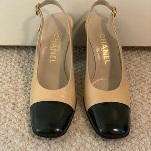 Vintage Chanel Beige and Black Sling Back Pumps